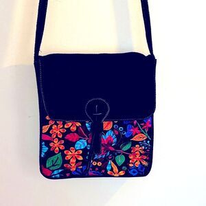 Ecuador Suede Floral Embroidered Black Shoulder Crossbody Messenger Bag Black